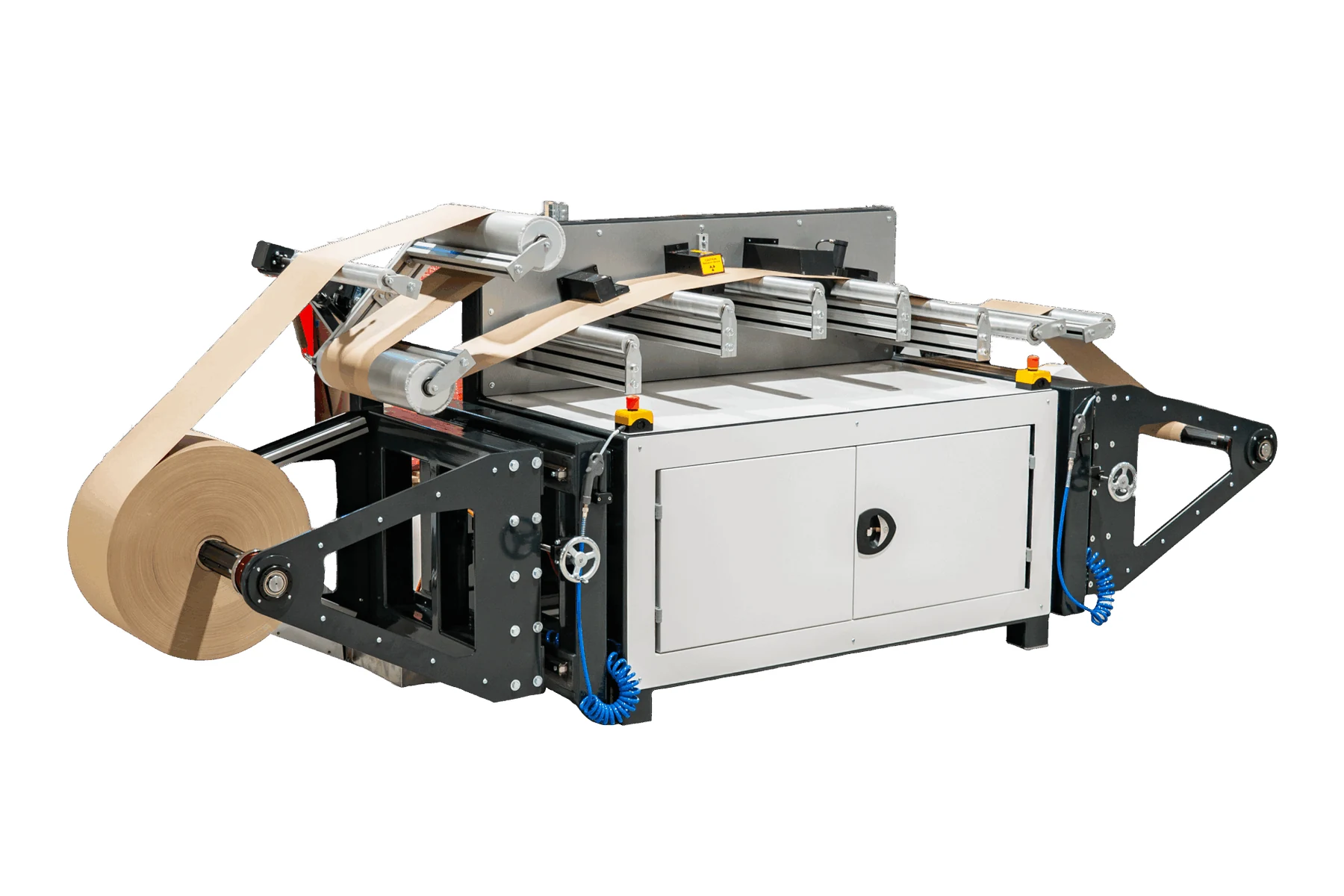 Tapio Analyzer (2026) laboratory analyzer with a sample strip running from the unwind roll past its row of sensors.