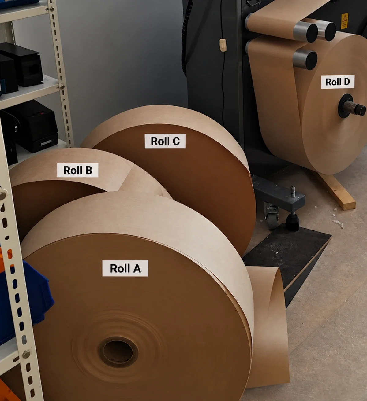 Four MD sample rolls labelled Roll A to Roll D beside a Tapio Analyzer, with Roll D mounted in the unwind and its strip threaded over the guide rollers.