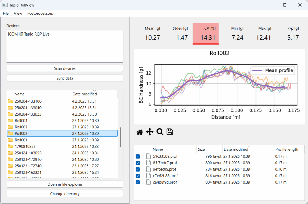 Screenshot of Tapio RollView software showing roll profile selection, statistics summary, and BC hardness plots from multiple RQP Live measurements.