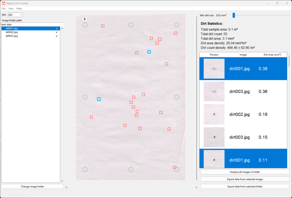 Screenshot of Tapio PapEye Dirt Counter software detecting and measuring dirt particles on a paper surface.