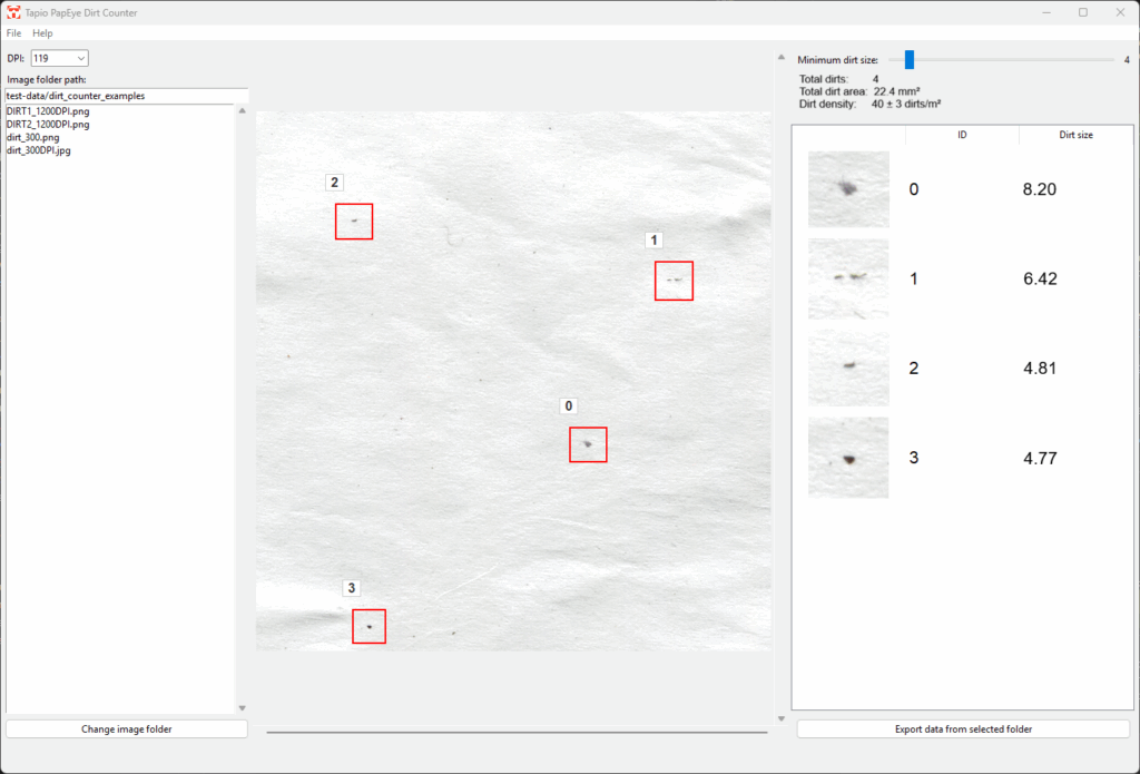 Screenshot of Tapio PapEye Dirt Counter software detecting and measuring dirt particles on a paper surface.