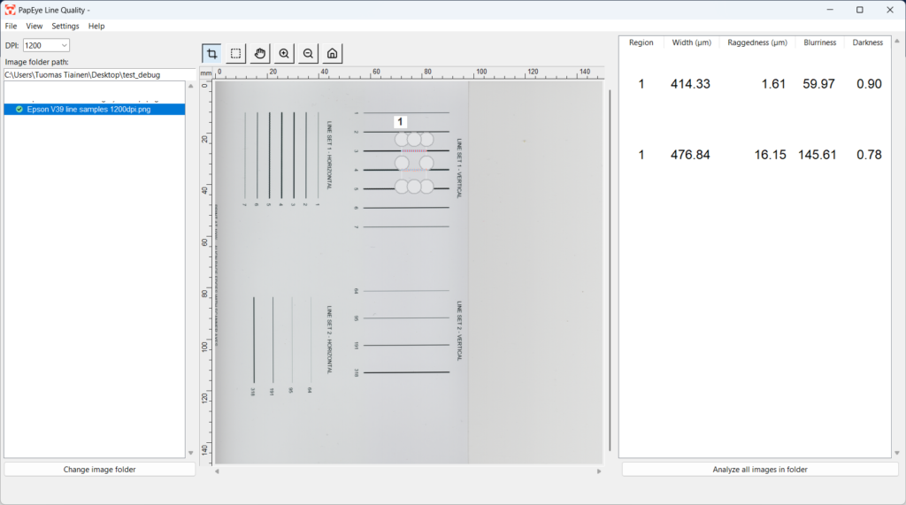 The PapEye Line Quality application window showing a scanned line test target with a selected measurement region, and a results table listing line width, raggedness, blurriness and darkness for two measured lines.